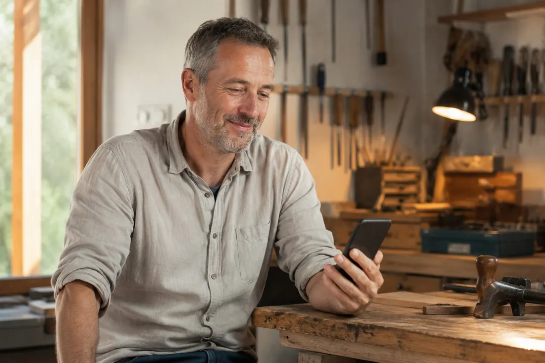 Un patron de PME serein dans son atelier, son téléphone à la main : Fluxel a traité l'administratif